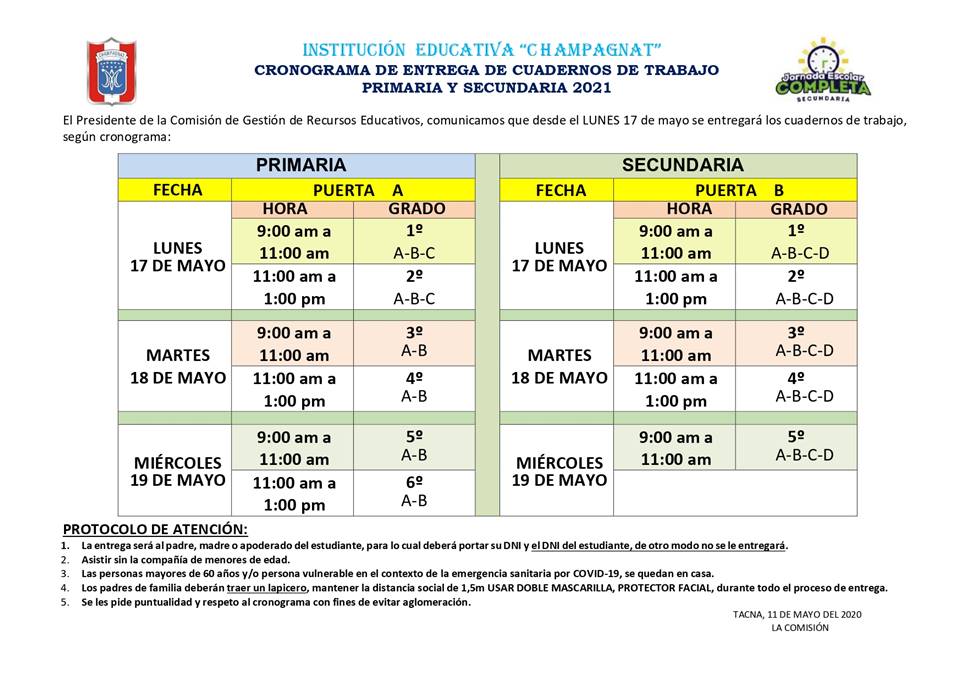 CRONOGRAMA DE ENTREGA DE CUADERNO 2021