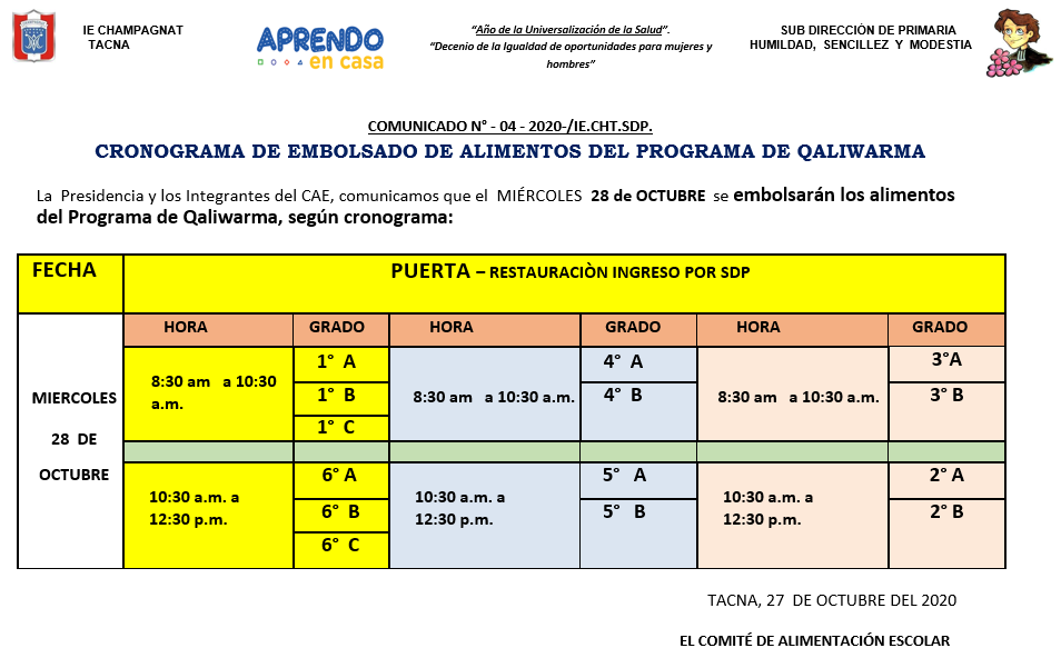 cronograma de embolsado de alimentos